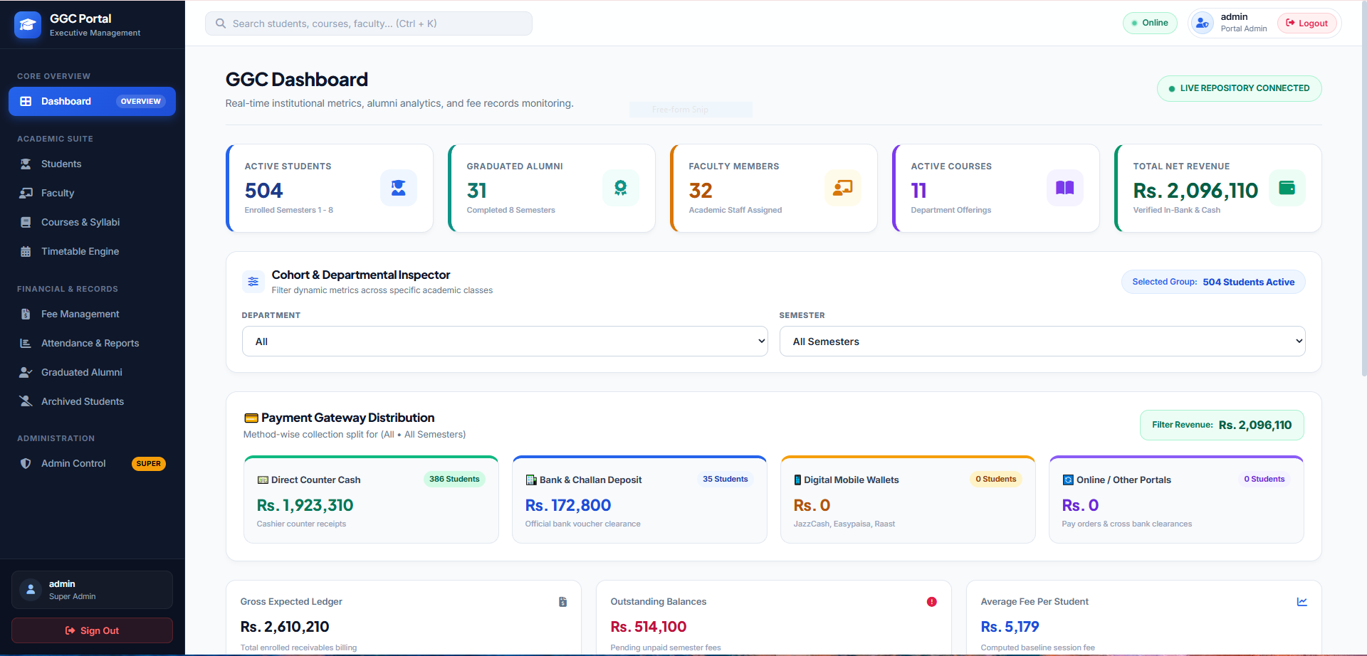 College ERP Web Administrative Dashboard Interface