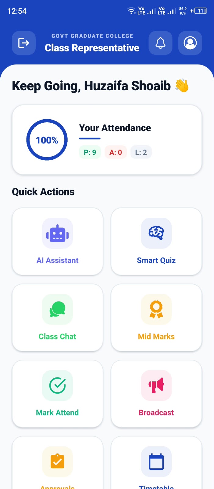 College ERP Mobile Dashboard Mockup