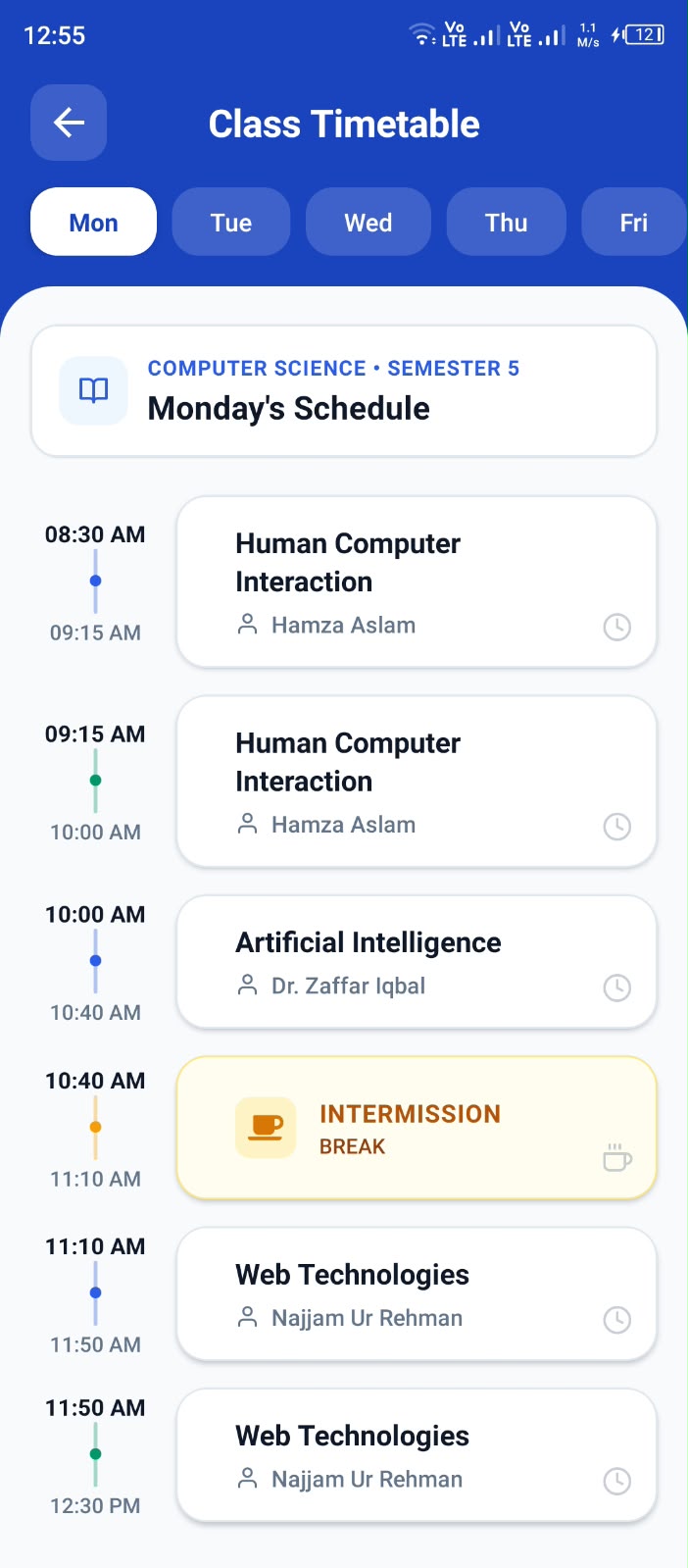 College ERP Dynamic Timetable Screen
